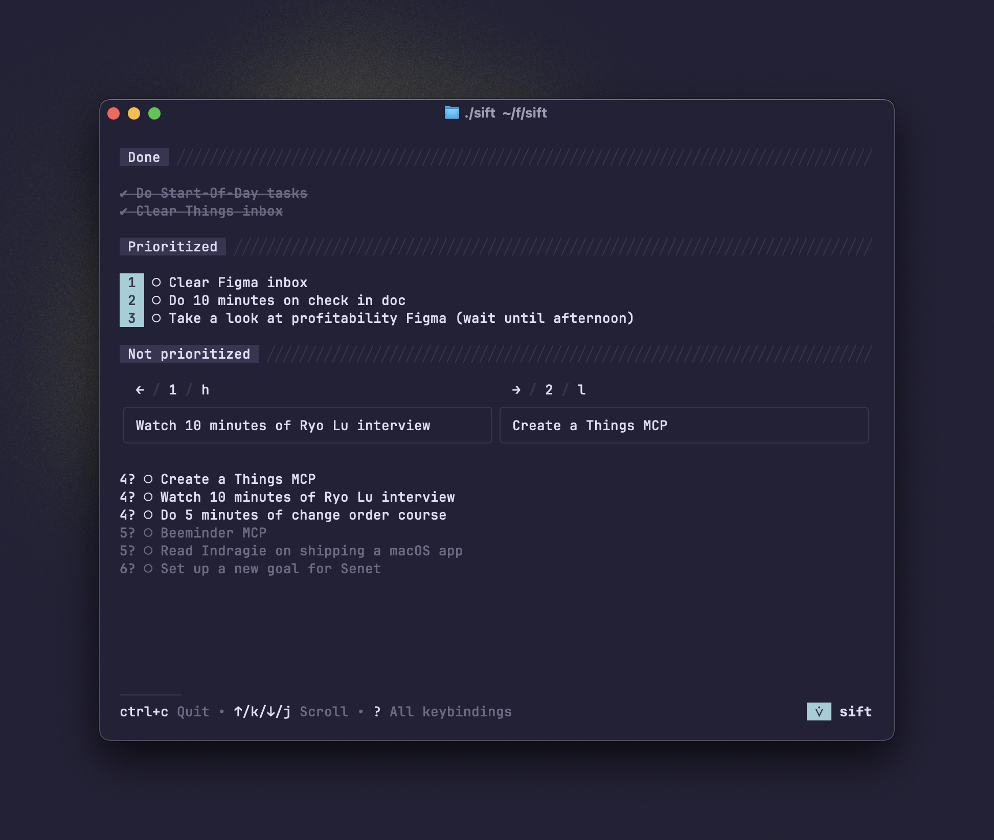 Screenshot of the program in use, in dark mode, showing several tasks prioritized, completed, or yet to be prioritized