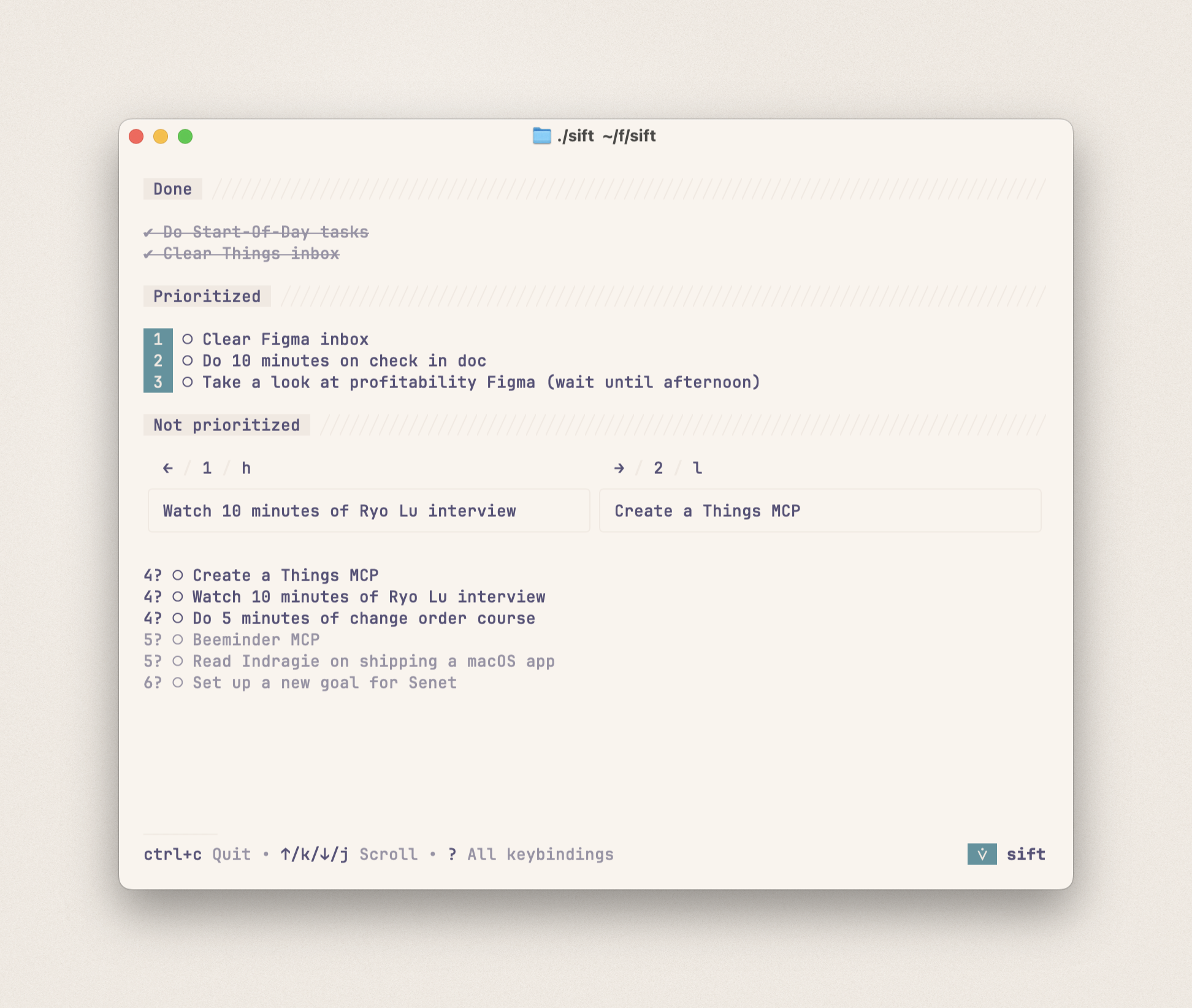 Screenshot of the program in use, in light mode, showing several tasks prioritized, completed, or yet to be prioritized